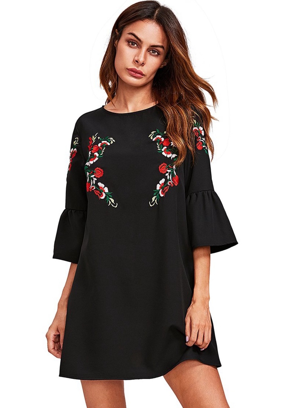 Floerns Bell Sleeve Embroidered Tunic Dress